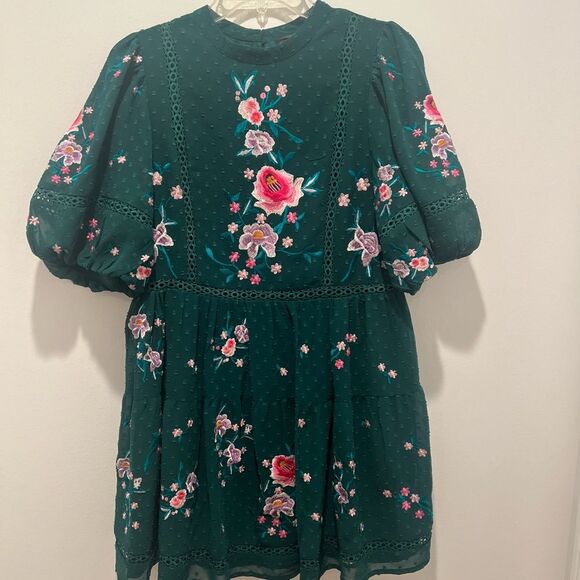 ASOS Design Petite High Neck Textured Embroidered Mini Dress w/ Lace Trims Green - Picture 5 of 11